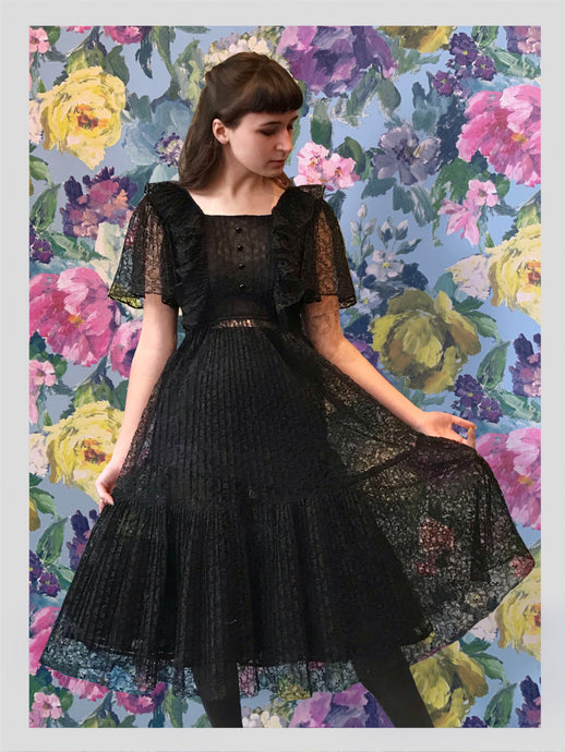Vintage Black Pleated Lace Dress