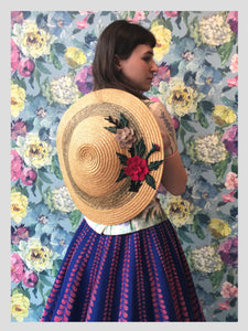 Straw Conical Style Sunhat w/ Felt Flowers from Dress, in Bridport