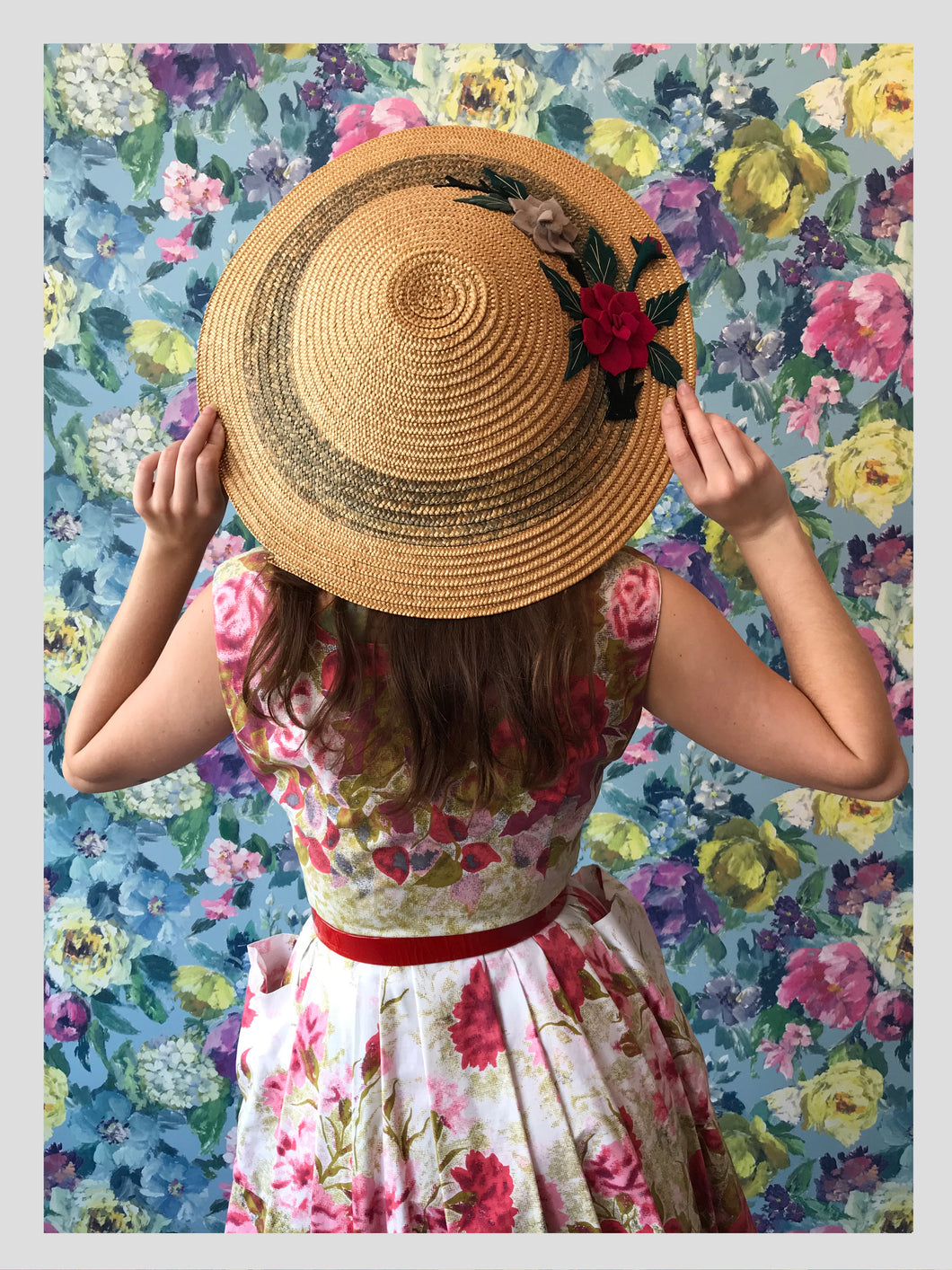 Straw Conical Style Sunhat w/ Felt Flowers from Dress, in Bridport