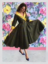 Load image into Gallery viewer, Black and Daffodil Polkadot Swing Dress from Dress